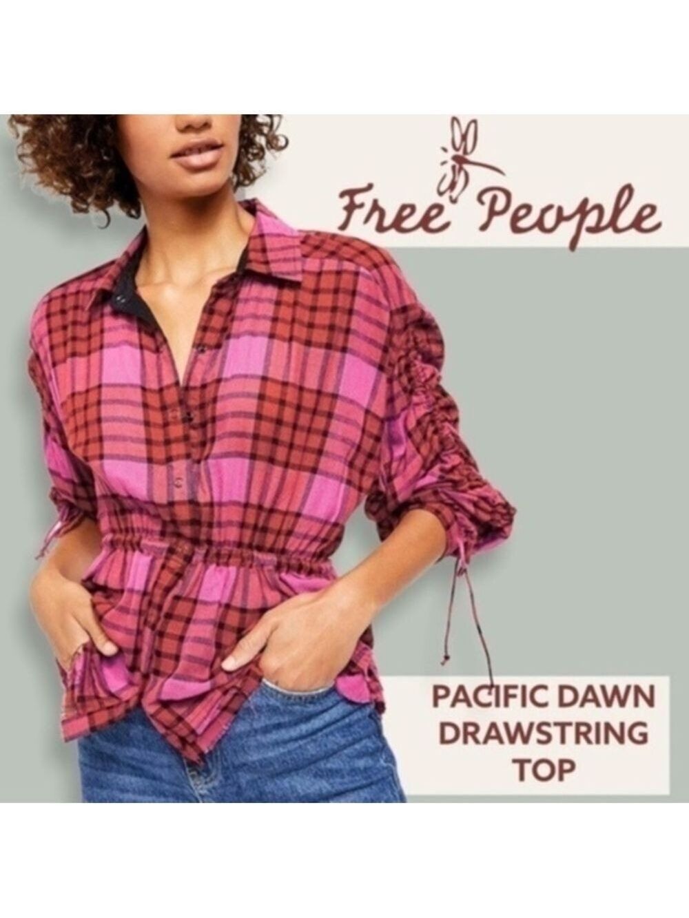 FREE PEOPLE NWT Pacific Dawn Red Plaid Drawstring Peplum Top/LG